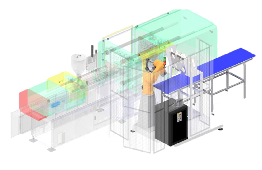 IFLEX robotic in-mould labelling system connected to injection moulding machine